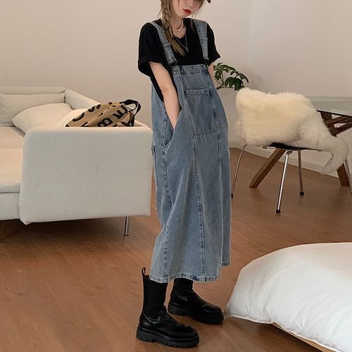 Washed Midi Denim Pinafore Dress