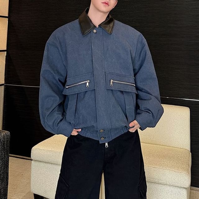 Omozando-Collared Drop Shoulder Plain Oversized Zip Jacket