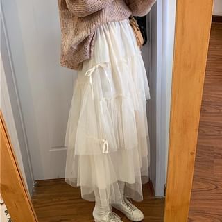 Sisyphi-High Waist Mesh Maxi Tiered Skirt