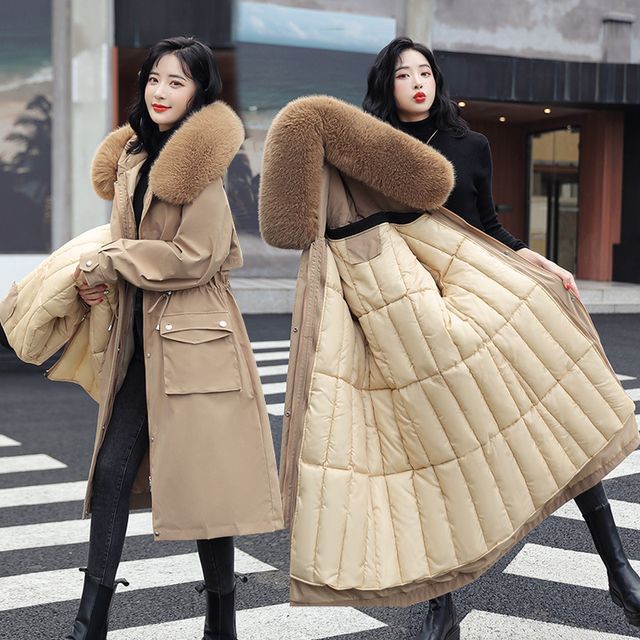 Sienne-Plain Hooded Fluffy Trim Drawstring Midi Parka