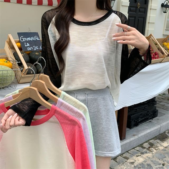 Sisyphi-Long-Sleeve Crewneck Lace Panel Raglan Tee