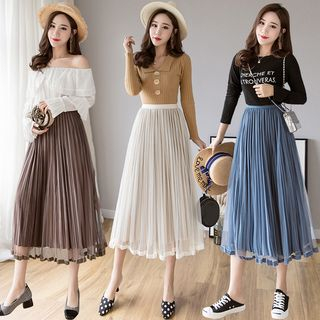 Juuri-Falda midi de malla y terciopelo con pliegues tipo acordeón