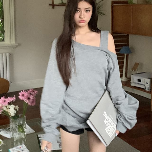 PINPI-Cold Shoulder Plain Sweatshirt
