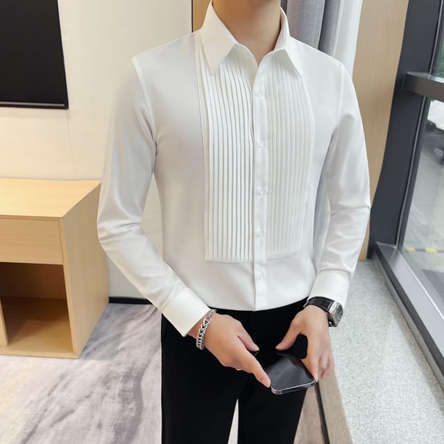 Lefitt-Long-Sleeve Pintuck Button-Up Plain Shirt