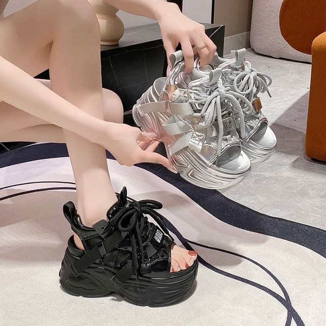 Sleeko-Platform Sequin Lace-Up Slingback Sandals