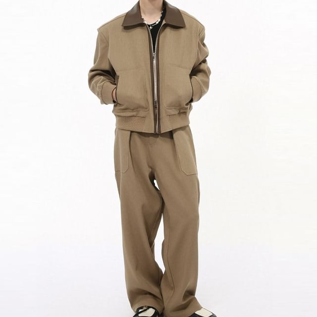 FAERIS-Collared Plain Zip Jacket Mid Rise Plain Wide Leg Pants