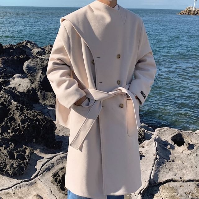 Omozando-Stand Collar Asymmetrical Midi Double-Breasted Coat