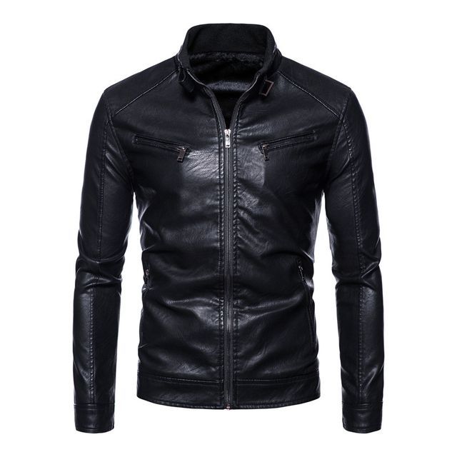 Dandyluxe-Stand Collar Faux Leather Zip Jacket