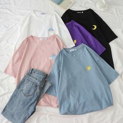 Annyoung - 情侶款中袖刺繡T裇 Annyoung - 情侶款中袖刺繡T裇