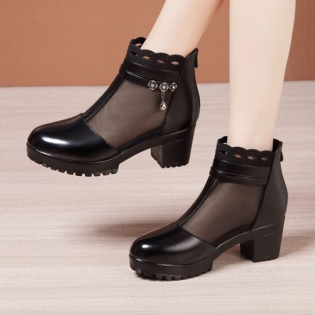 Freesia-Chunky Heel Mesh Panel Rhinestone Accent Perforated Genuine Leather Short Boots