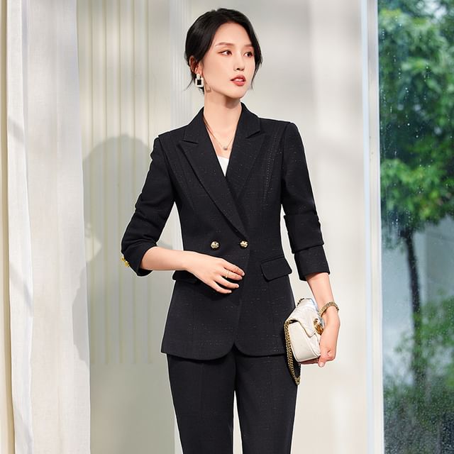 Skyheart-Peak Lapel Plain Double-Breasted Blazer High Rise Bootcut Suit Pants Set
