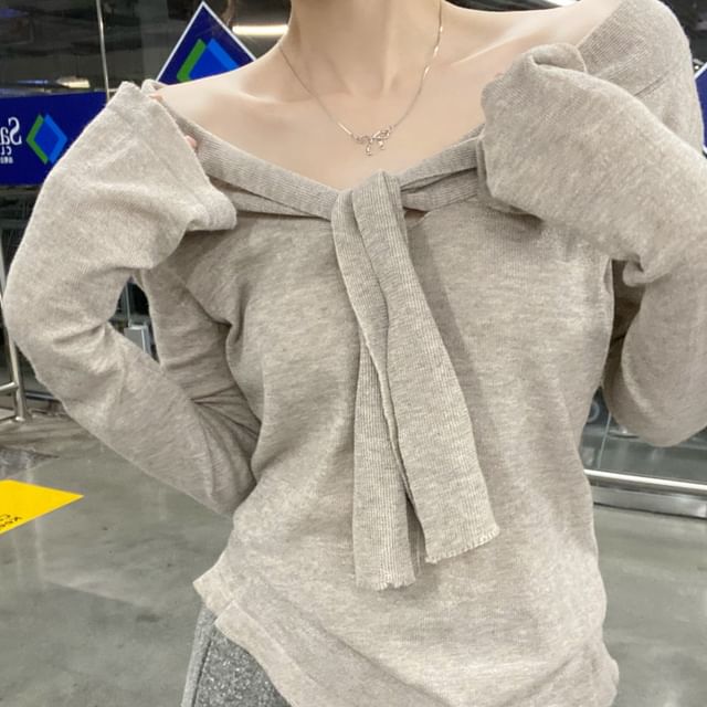 Beem-Long-Sleeve Tie-Neck Plain Knit Top