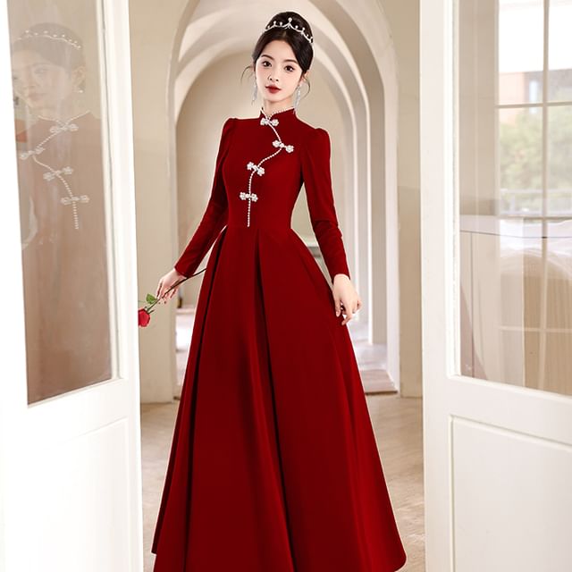 MSSBridal - Long-Sleeve Mandarin Collar Faux Pearl Frog Closure A-Line  Evening Gown | YesStyle