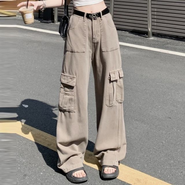 High Rise Plain Wide Leg Cargo Pants