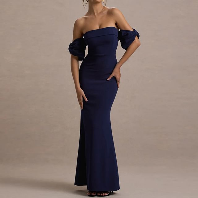 Alizio - Short-Sleeve Off-Shoulder Plain Maxi Mermaid Dress | YesStyle