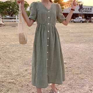 Gingham button cheap dress