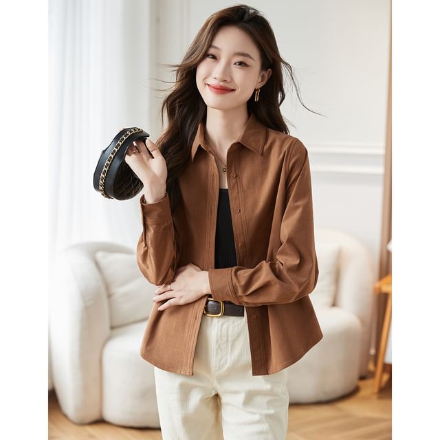 Jeonseon-Long-Sleeve Button-Up Plain Shirt