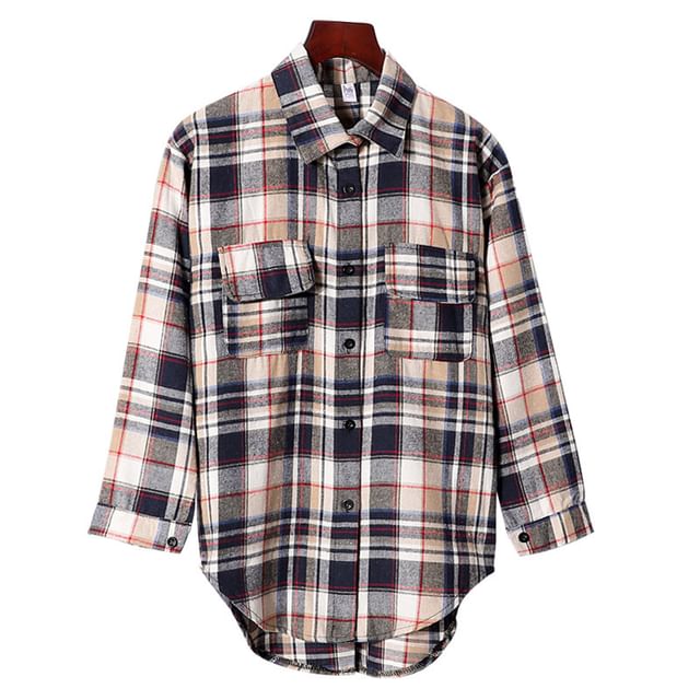 Woohan-Long-Sleeve Plaid High Low Shirt