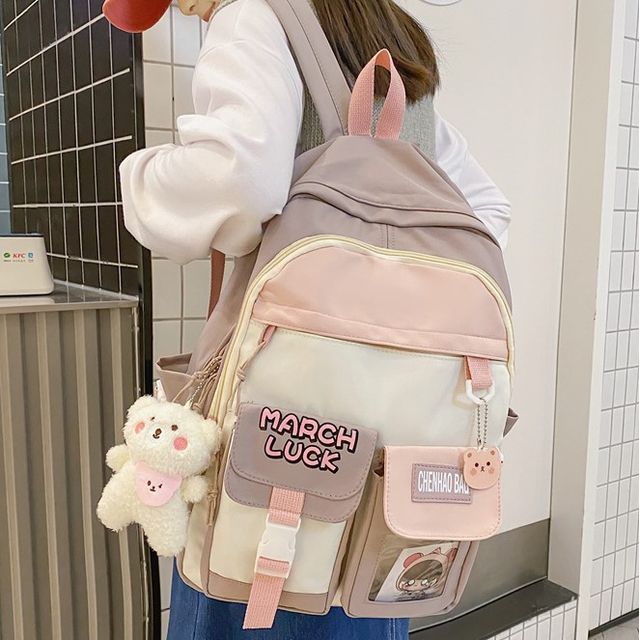 Anna Momo - PVC Panel Color Block Buckled Nylon Backpack / Bag Charm ...