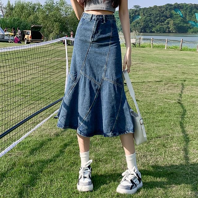 Shopherd High waist Asymmetrical Midi Denim Mermaid Skirt YesStyle