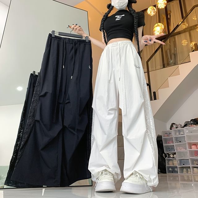 Porstina-Drawstring Waist Lace Panel Baggy Pants