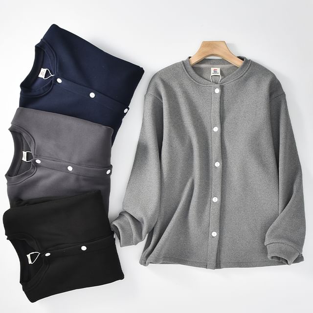 KUMI-Crew Neck Plain Button-Up Jacket