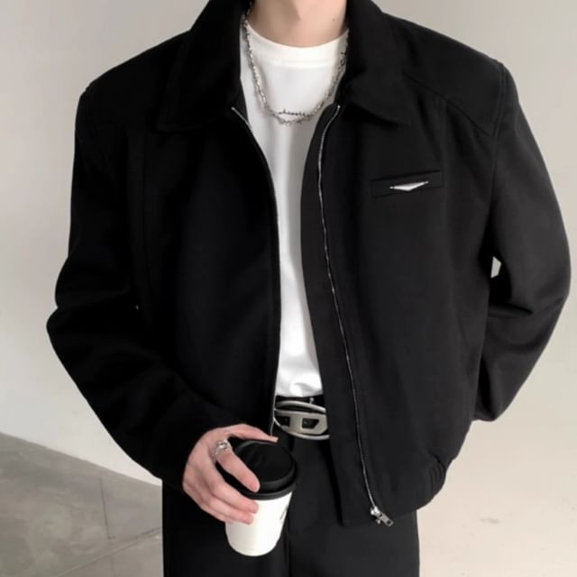 emeisa-Collared Plain Zip Jacket