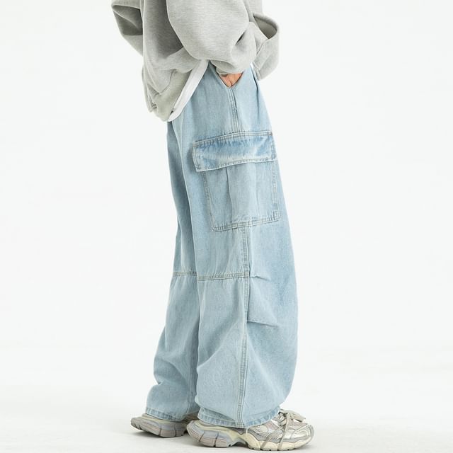 Adothuiastic-Drawstring Waist Washed Wide Leg Cargo Jeans