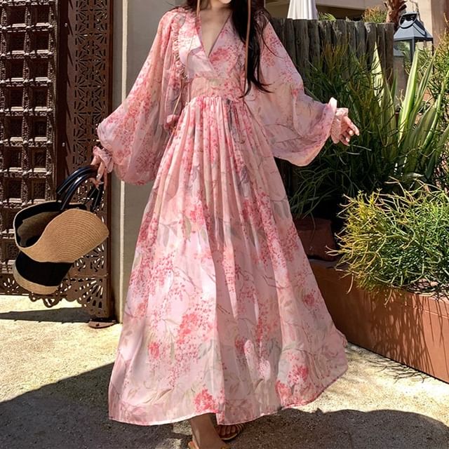 Nebbia - Long-Sleeve V-Neck Floral Maxi A-Line Dress | YesStyle