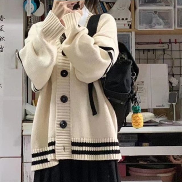 Sienne-V-Neck Striped Button-Up Cardigan