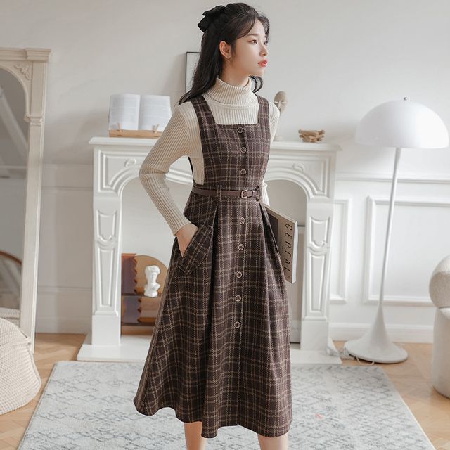 sansweet Set: Square Neck Plaid Button Midi A-Line Overall Dress