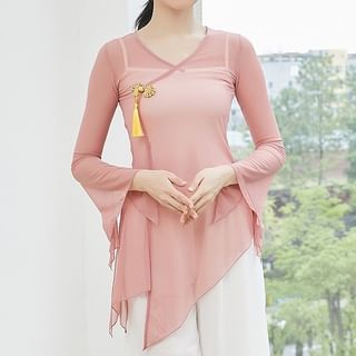 Cossita Flared-Sleeve Plain Asymmetrical Dance Top Sale
