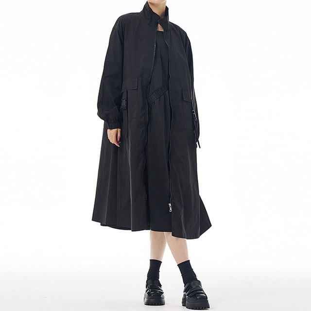 KUMI-Stand Collar Plain Buckled Midi Zip Coat