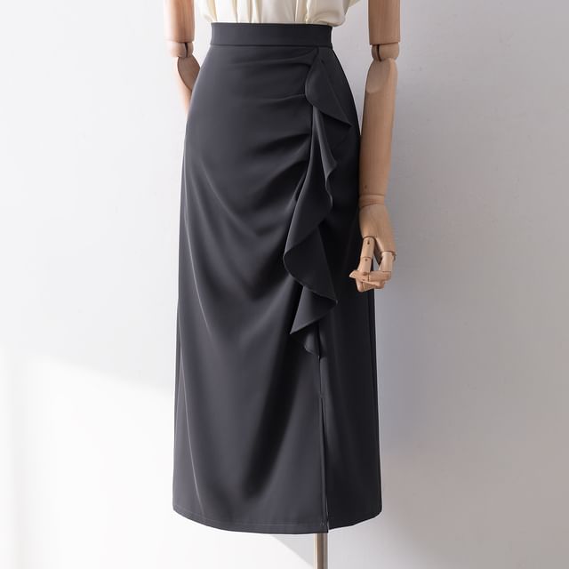 Cossita - High Rise Plain Ruffle Trim Ruched Slit Midi Pencil Skirt ...