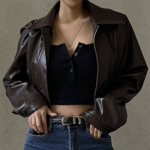 KUMI-Collared Plain Faux Leather Zip Jacket