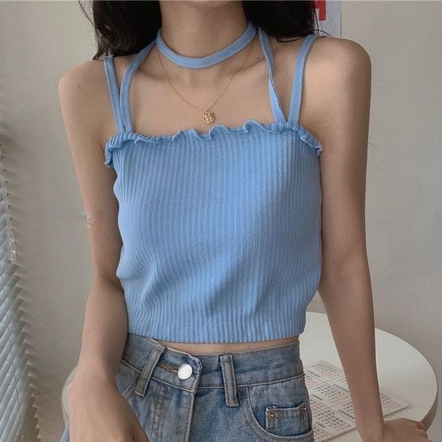 Sisyphi-Frill Trim Plain Crop Cami Top