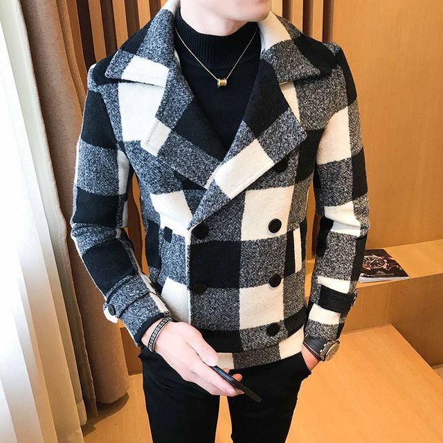 Lefitt-Long-Sleeve Plaid Double-Breasted Woolen Coat