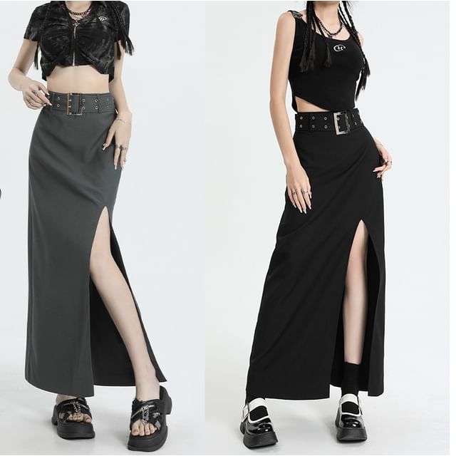 Denimot-High Waist Plain Slit Maxi A-Line Skirt