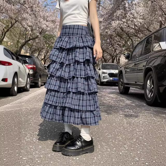 ANORA High Waist Plaid Tiered Midi A-Line Skirt YesStyle