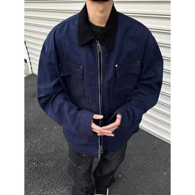 VEAZ-Contrast Collar Zip Cargo Jacket