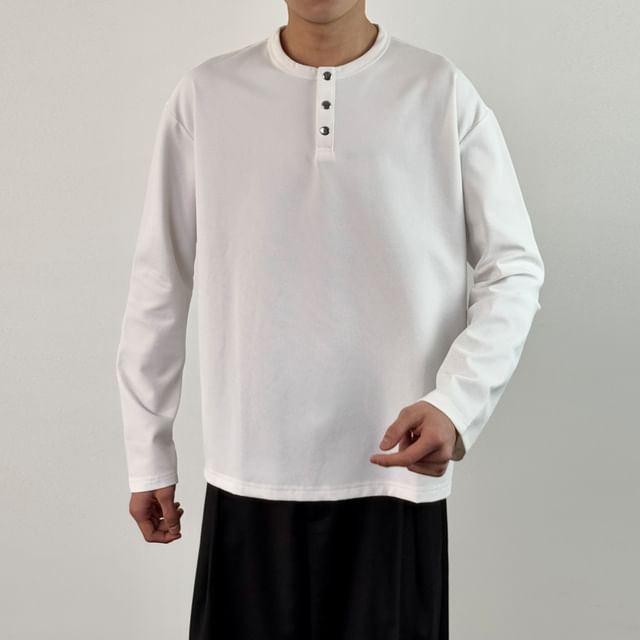 DragonRoad-Long-Sleeve Henley Plain T-Shirt