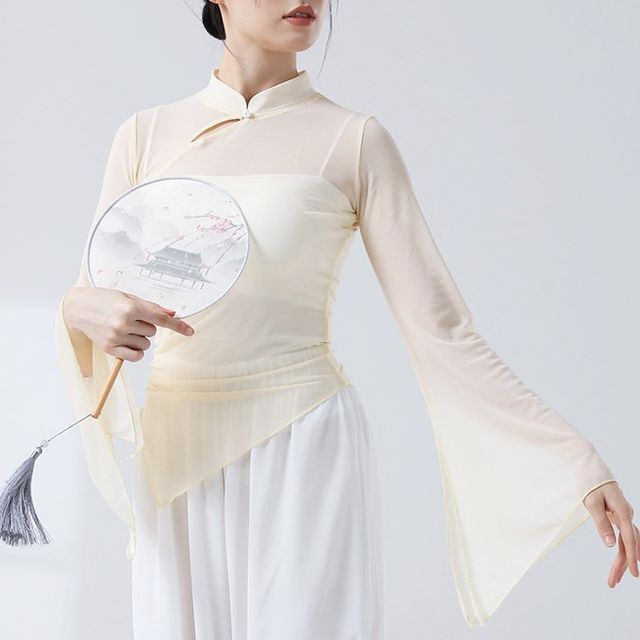 femmal-Bell-Sleeve Plain Keyhole Asymmetrical Blouse