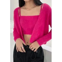 SIMPLY MOOD - Knit Set: Fluffy Cropped Cardigan + Sleeveless Top