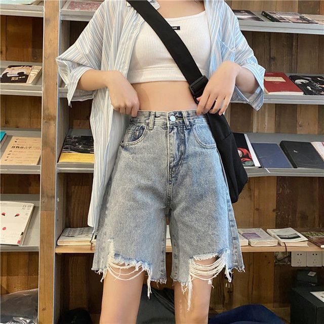 Everose-High Waist Distressed Denim Shorts