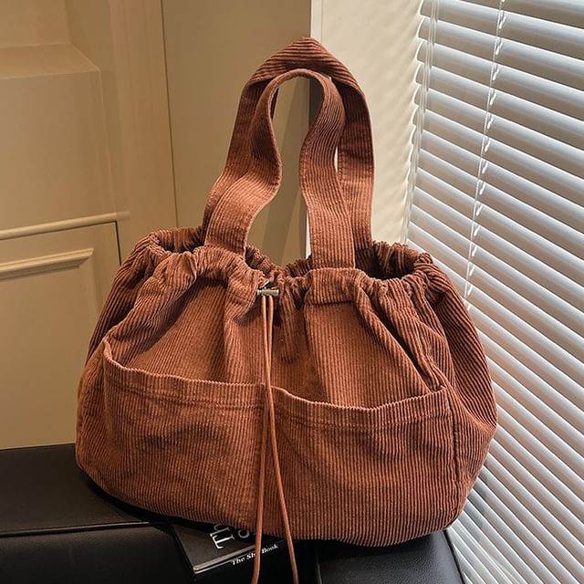 Milha-Plain Drawstring Corduroy Tote Bag