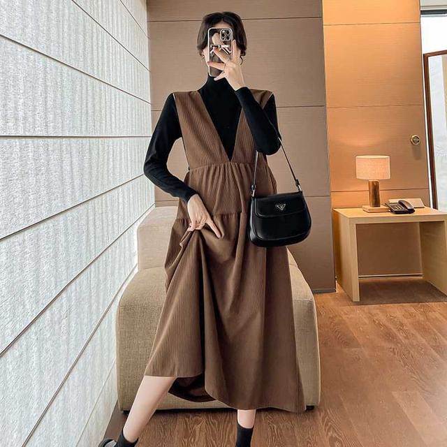 Empressa - Maternity V-Neck Plain Corduroy Midi A-Line Overall Dress /  Long-Sleeve Mock Neck Top | YesStyle