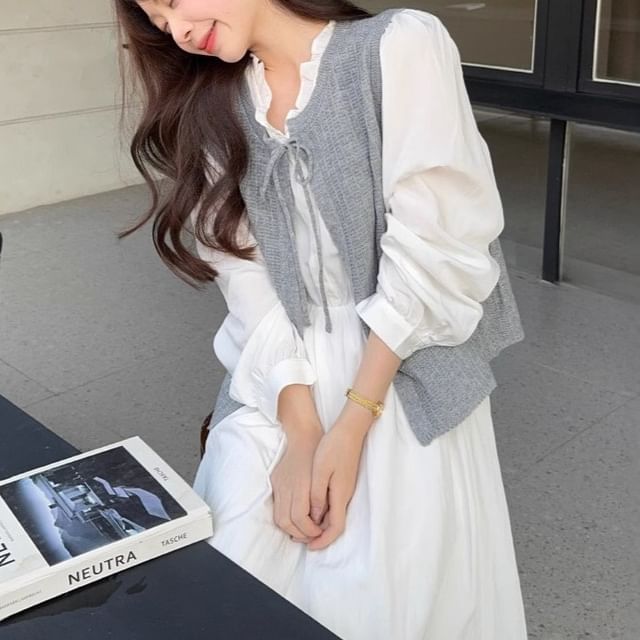 Trendycas-Long-Sleeve V-Neck Frill Trim Half-Buttoned Plain Maxi A-Line Dress Crew Neck Tie Front Vest