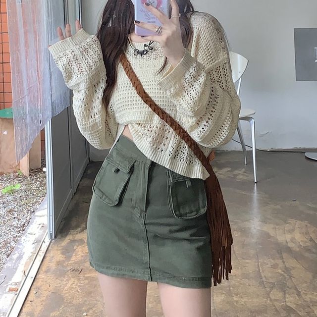 Hippona Pointelle Knit Crop Top Mini Pencil Cargo Skirt YesStyle