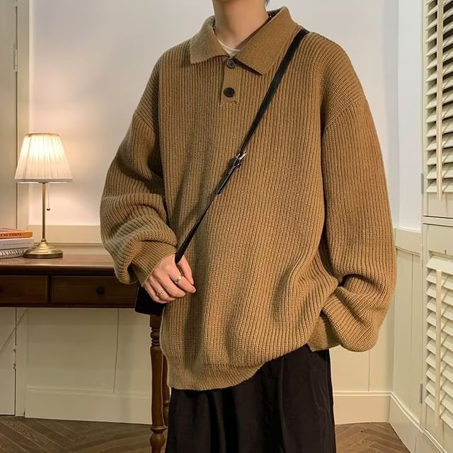 DuckleBeam-Long-Sleeve Plain Polo-Neck Sweater
