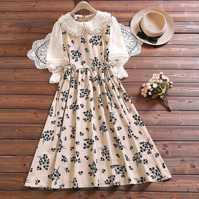 Kawaii Fairyland - Mock Two-Piece Long-Sleeve Floral Dress | YesStyle